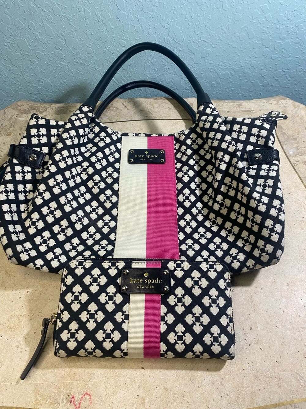 Kate Spade  Black White Pink Stripe and Zip Around Wallet Set